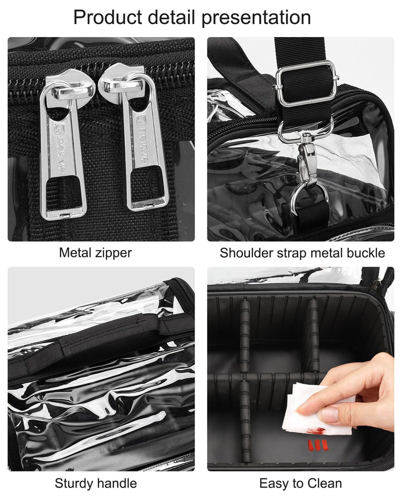 TANTO Makeup Brush Case, Clear Extra Large Cosmetic Organizer Holder Professional Makeup Artist Train Case with Adjustable Dividers&Strap Portable Makeup Brush Holder (02A-Black（XX Large）) A3-Black-Clear Style XX-Large