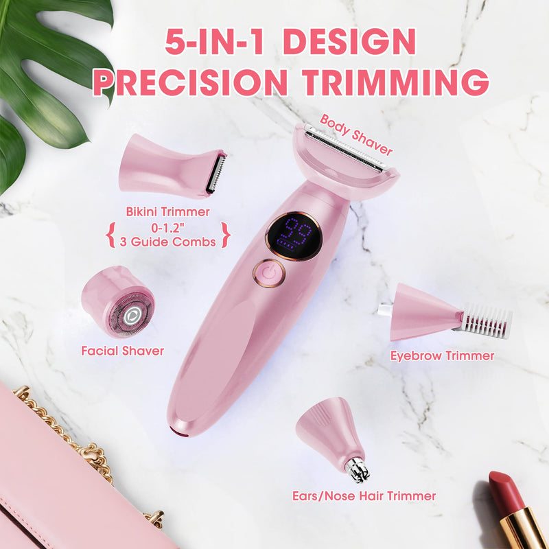 [Australia] - Karrte 5-in-1 Electric Razor for Women's Pubic Hair, Painless Body Shaver and Facial Epilator, Hair Removal for Face, Bikini Trimmer for Women's Private Area Pink 