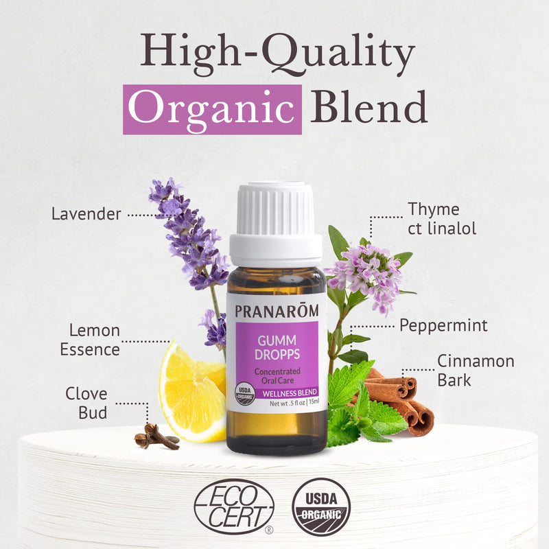 Pranarom Gumm Dropps Oral Care Blend 15 ml | Peppermint, thyme, clove, lemon and cinnamon blend for fresh breath and everyday gum care. Certified organic. 0.5 Fl Oz (Pack of 1)
