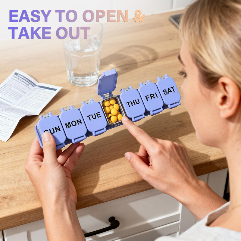 2-Pack Extra Large Weekly Pill Organizer, Travel Pill Box 7 Days | Portable Daily Pill Box with 7 Detachable Compartments, XL Vitamin Holder for Vitamins/Fish Oil/Supplements, Home and Travel Purple and Black