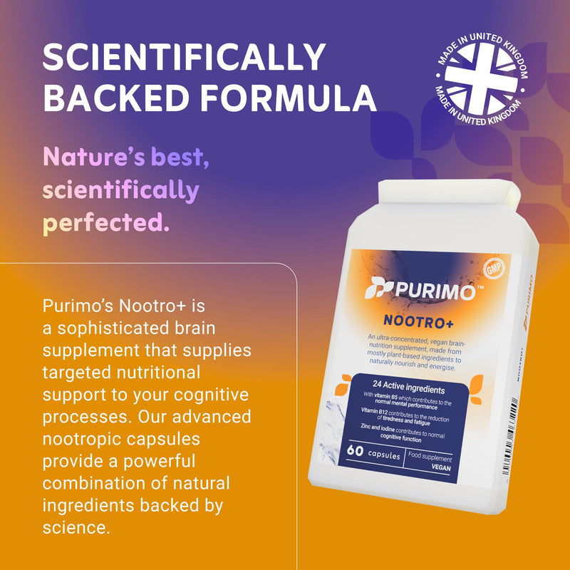 Nootro+ Nootropic Brain Supplement | Nootrpoics | for Focus, Energy, Mental Performance, Memory | 24 Active Ingredients | Guarana, Bacopa, Ginko, Caffeine, L-theanine, Green Tea Leaf, Vitamin B12