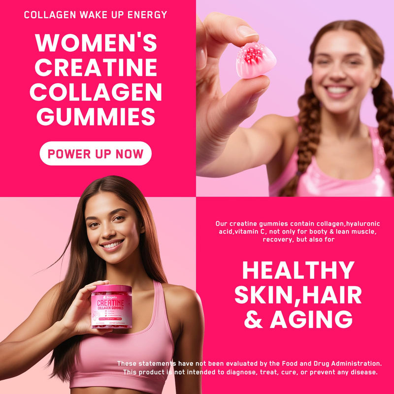 Creatine for Women + Collagen + BCAAs + Vitamin C & B12, 120 Sugar Free Creatine Gummies for Women, Creatine Monohydrate Gummies Pre Workout for Booty, Energy & Strength, Strawberry-Lemon Flavor