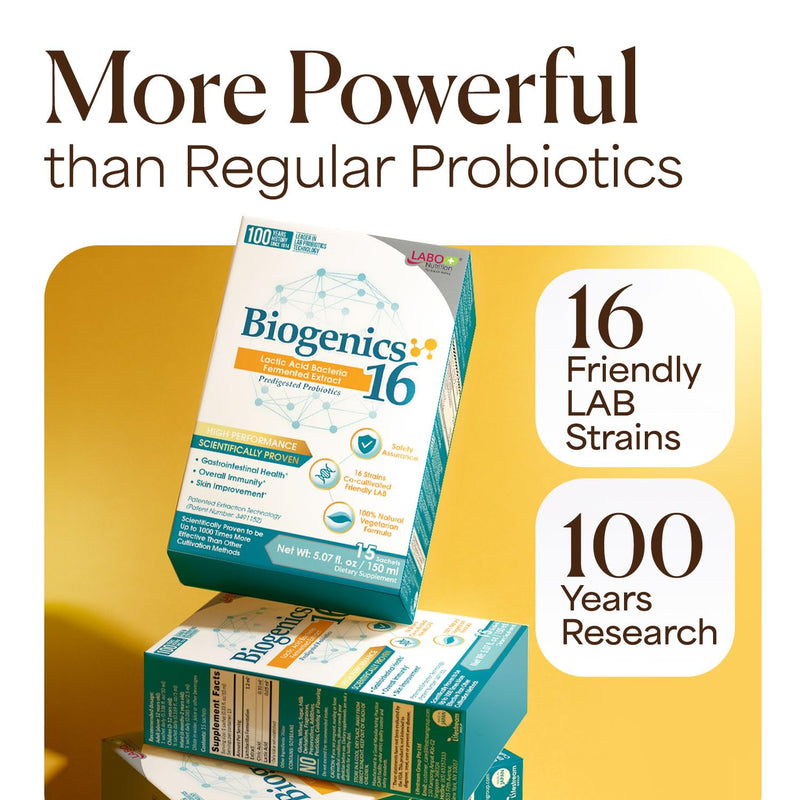 LABO Nutrition Biogenics 16–Lactic Acid Bacteria Fermented Extract, 1000x More Effective, Gut Health Support Beyond Probiotics & Prebiotics, Improve Intestinal Skin and Immune Health, 10mlx15 sachets