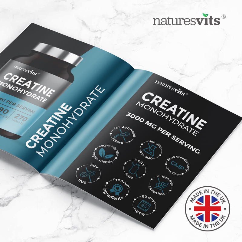 Creatine Monohydrate Tablets, 3000mg Per Serve - 270 Tablets - Gym and Nutritional Vegan Supplements for Men and Women - Post Workout Muscle Recovery - Unflavoured Formula