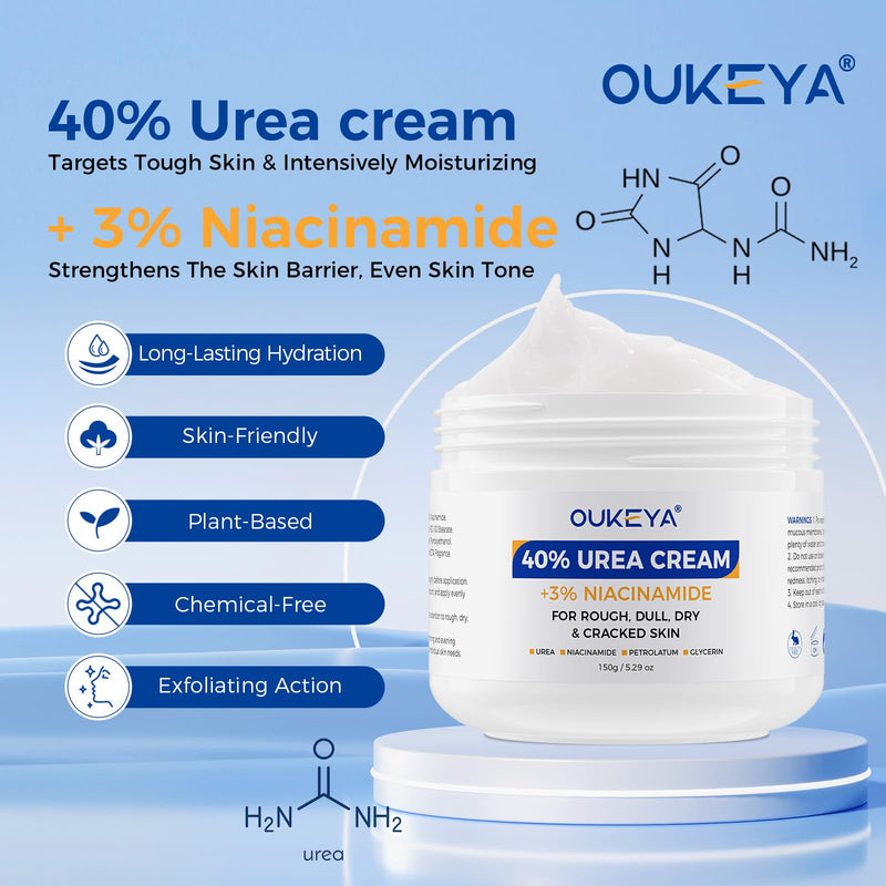 OUKEYA Urea Cream 40 Percent with 3% Niacinamide, 5.29oz | Intensive Moisturizer for Extremely Dry, Chapped, Rough Skin on Hands, Feet, Elbows & Knees, Deep Hydration & Evens Skin Tone