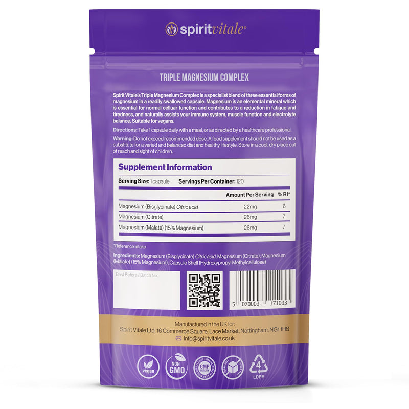 Triple Magnesium Complex | Energy, Metabolism, Wellbeing, Rest | Premium UK Formula | Bisglycinate, Citrate & Malate Balanced Complex | Vegan | No Nasties | SPIRIT VITALE