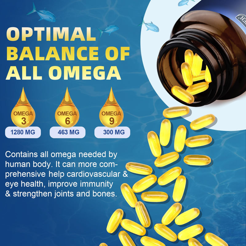 [Australia] - Triple Omega 3-6-9 Fish Oil 2000mg with Vitamin E - EPA & DHA Fatty Acids Supplement - Supports Heart, Brain, Eye, Skin & Immune Health - Includes Flaxseed & Borage, Non-GMO, 120 Softgels 