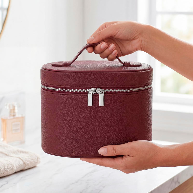RSRSLEII Aesthetic Makeup Bag, Travel Makeup Vanity Case with Divider and Handle, Waterproof PU Leather Cosmetic Organizer Bag, Portable Toiletry Bag for Women(06Burgundy) 06Burgundy