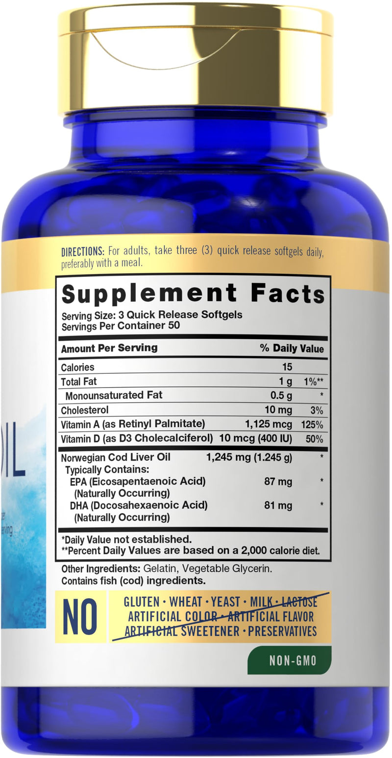 [Australia] - Carlyle Norwegian Cod Liver Oil | with EPA & DHA | 1245mg | 150 Softgels | Liquid Capsules | Non-GMO & Gluten Free Supplement 