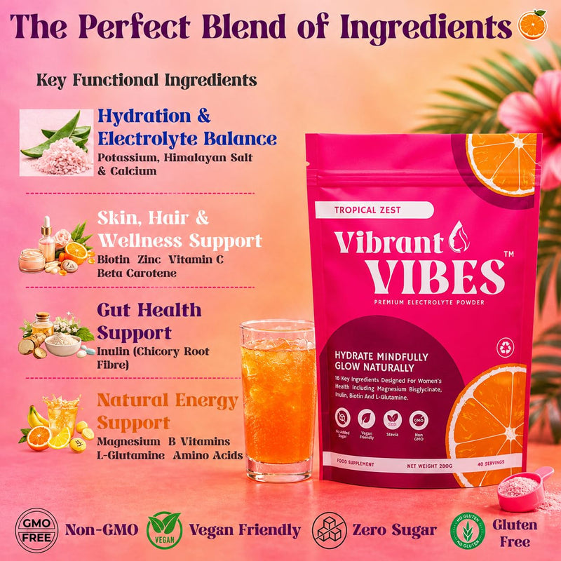 Vibrant Vibes Women’s Electrolyte Powder – Clean Daily Hydration | Zero Sugar, Magnesium, B & C Vitamins | Vegan Electrolytes | 280g Pouch – 40 Servings, Tropical Zest Flavour.