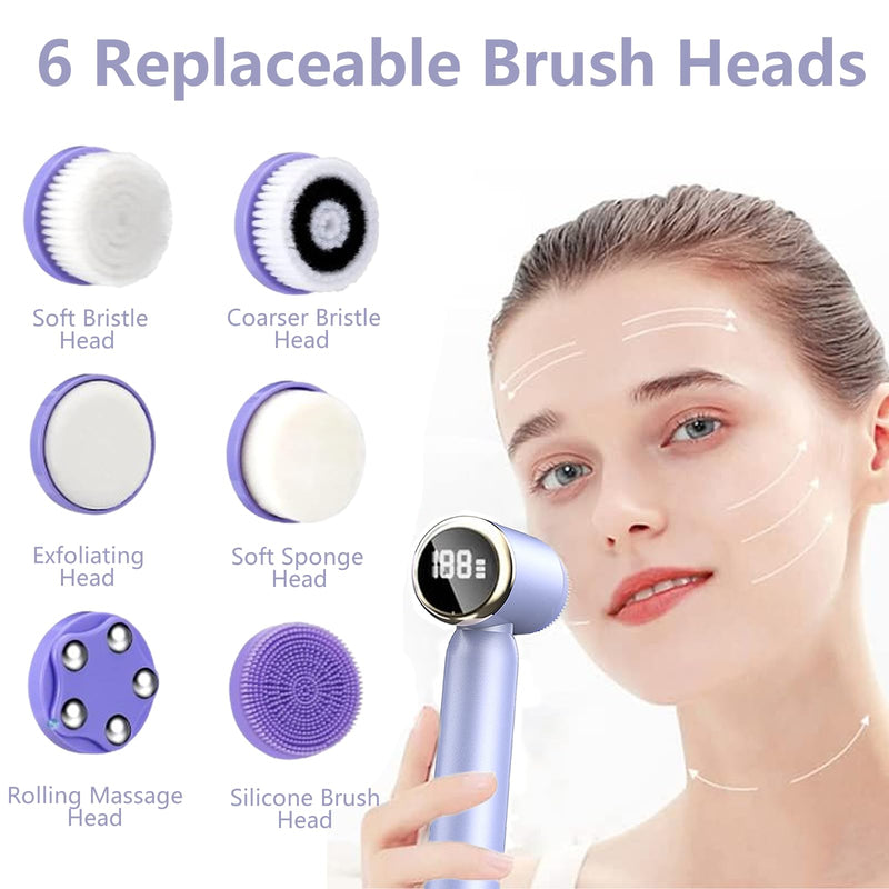 [Australia] - Facial Cleansing Brush, 6 in 1 Electric Face Scrubber with 6 Brush Heads and 3 Spin Speeds for Deep Cleansing, Waterproof Rechargeable Face Brushes for Dry Oily Sensitive Skin (Purple) 