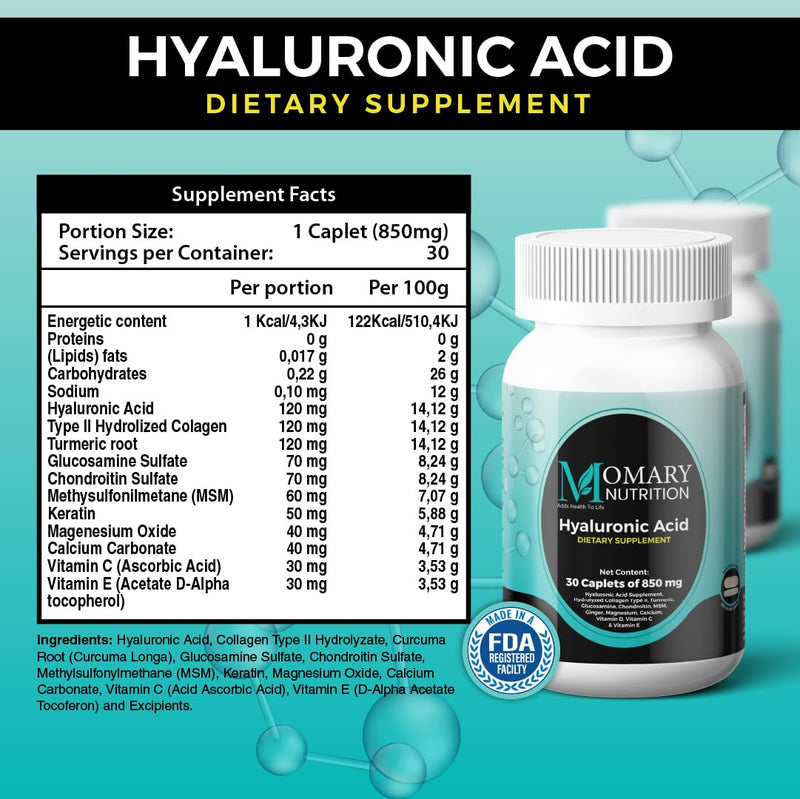 [Australia] - Hyaluronic Acid Supplement, Natural Skin Hydration, Advanced Joint Support and Mobility Booster, Type II Hydrolyzed Collagen, Turmeric, Glucosamine, Chondroitin, 30Caplets 850Mg 