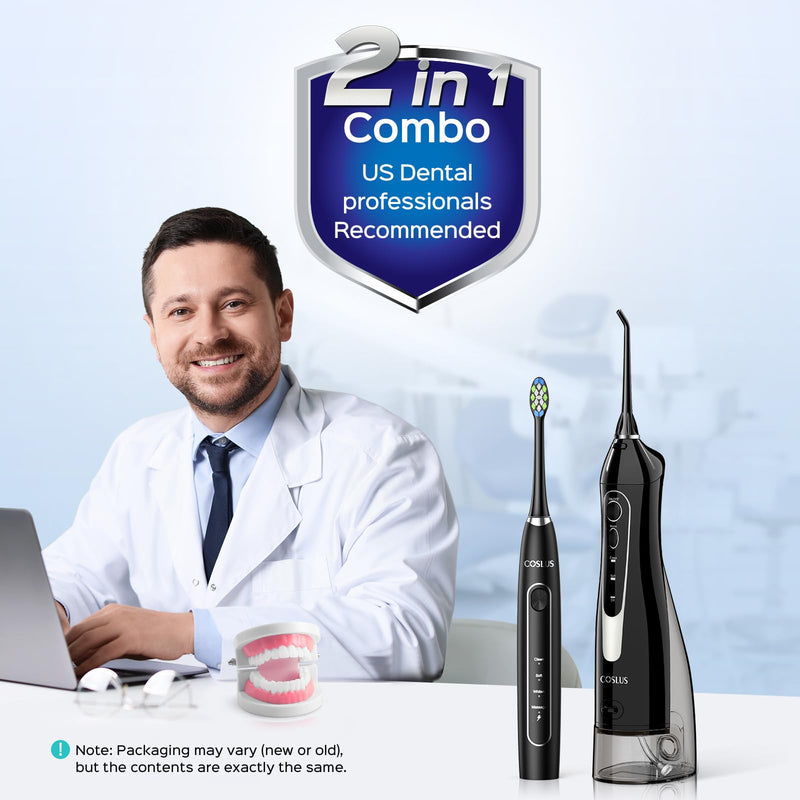 [Australia] - COSLUS Portable Water Flosser with Electric Toothbrush Combo: 2-in-1 Oral Clean Kit for Teeth, Braces, Gums Care - Brushing & Flossing for Adults, Family, Travel Use, BPA-Free, Black, C20 & C41 