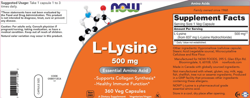 NOW L-Lysine 500 mg, 360 Capsules