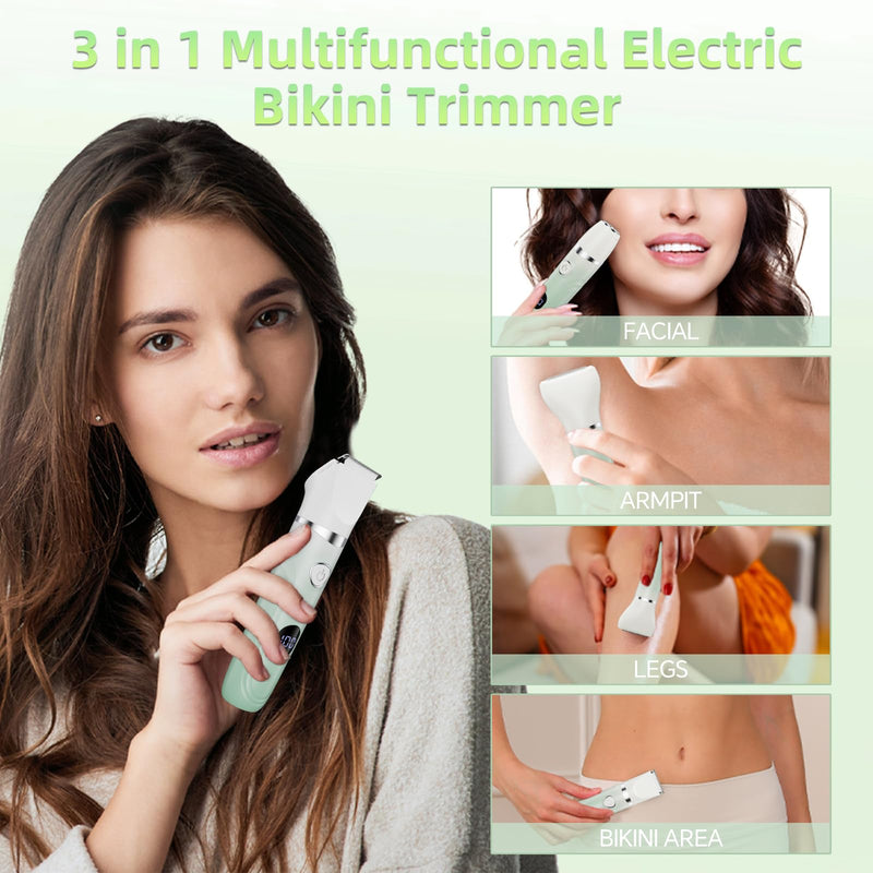 Bikini Trimmer for Women, 3-in-1 Painless Electric Razors for Silk Skin, Wet/Dry Body Hair Shaver for Face Nose Eyebrow Arms Armpit Legs Pubic Area, IPX7 Waterproof, Ceramic Blade