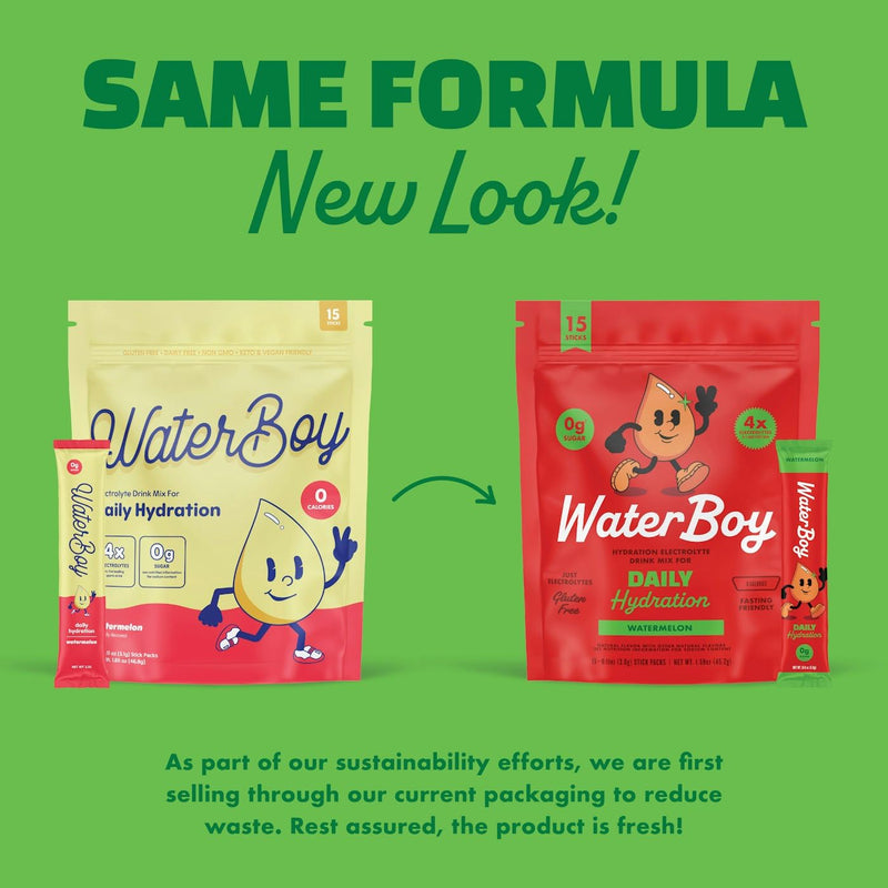 [Australia] - Waterboy Daily Hydration | 1,570mg Electrolyte Powder Packets | No Sugar, All Natural, Gluten Free, Zero Calories | 15 Drink Stick Mixes (Watermelon) Watermelon 1.6 Ounce (Pack of 1) 