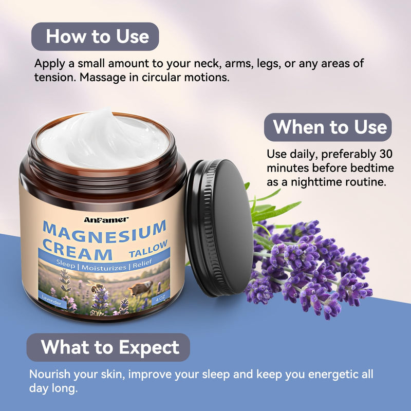Magnesium Cream for Sleep, Tallow Based Magnesium Lotion and Leg Cramps, Muscle Relaxation, Nighttime Deep Hydration with Shea Butter Jojoba & Vitamin E for Skin Care, Safe for Kids(Lavender) Lavender