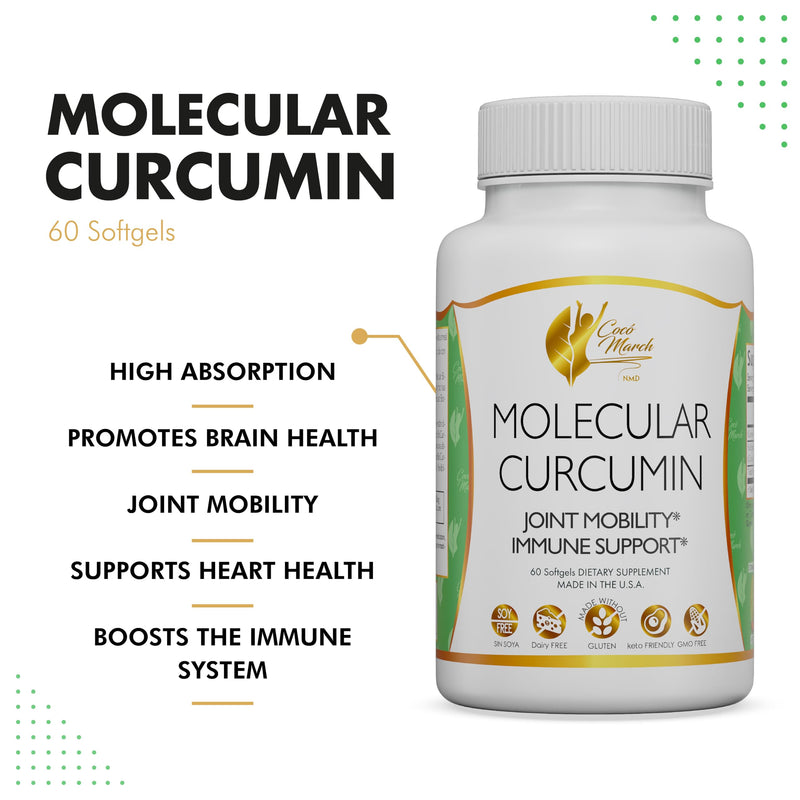 [Australia] - Coco March Molecular Curcumin - 180x Higher Absorption Joint, Mobility and Immune Support, Gluten Free, Soy Free, Dairy Free, Keto Friendly, GMO Free, 1000 mg per Serving, 60 Softgels 
