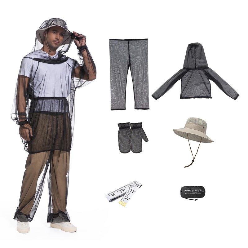 [Australia] - Premium 6-Piece Mosquito Suit-Jacket With Hood/Pants/Mitts/Gift Bag/Sun Hat/Tape Measure-Full Body Protection Bugs Clothes L/XL-With Sun Hat Black 