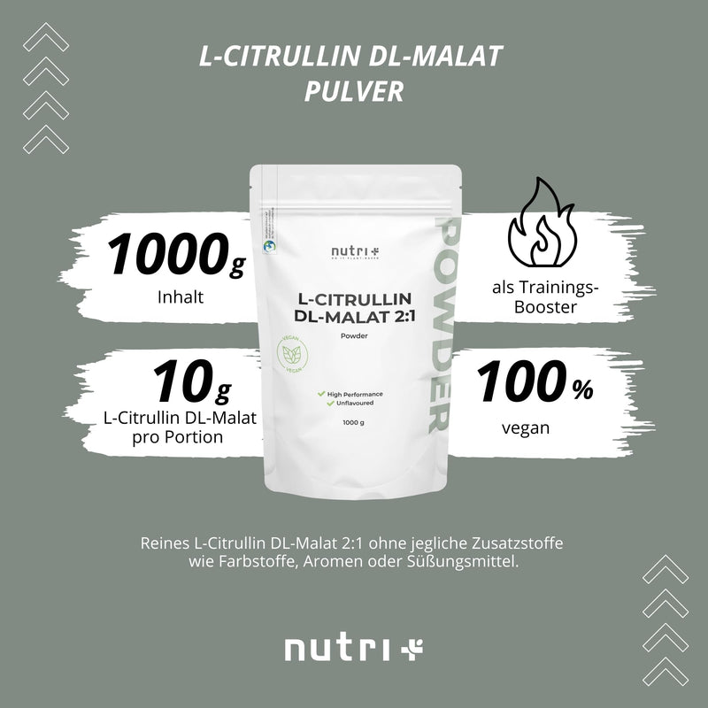 [Australia] - Nutri + L-Citrulline Malate powder 1 kg - high dose vegan + pure - L-Citrulline Malate DL 2:1 1000 g - premium quality from plant-based fermentation 