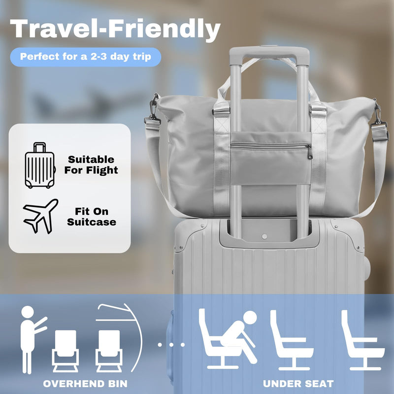 Travel Duffle Bag for Women, Carry On Weekender Tote with Trolley Sleeve | Waterproof overnight bag for gym, sports, hospital stays, labor and delivery; spacious carry-on design for short trips. Misty Grey