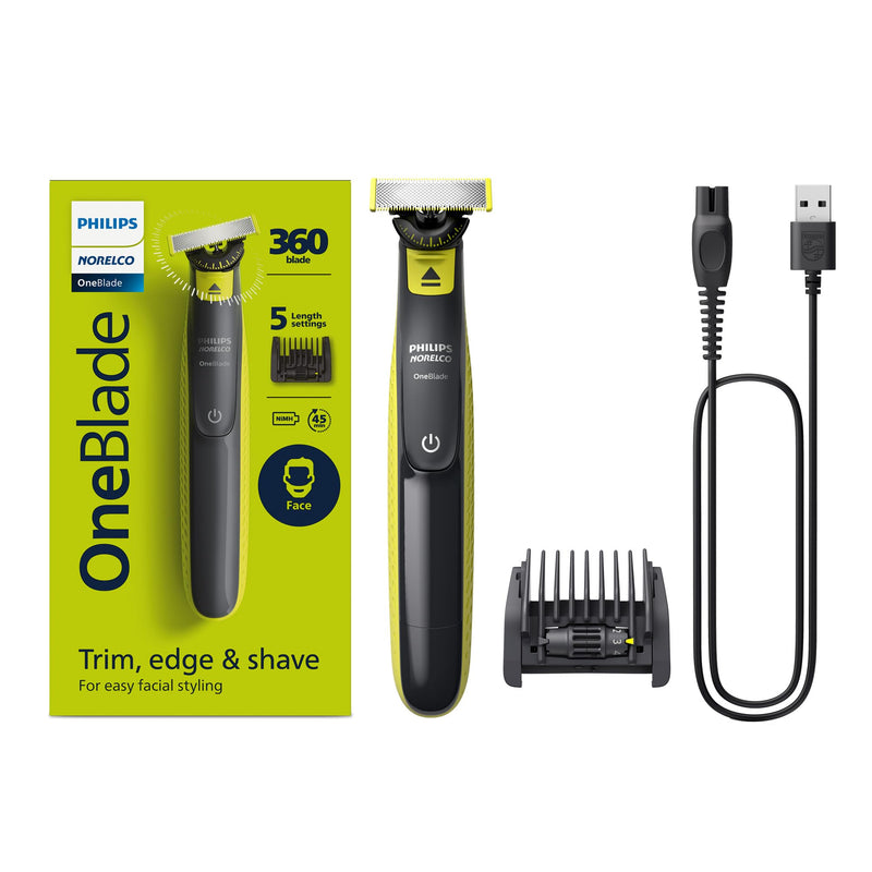 Philips Norelco OneBlade 360 Face, Hybrid Electric Beard Trimmer and Shaver with 5-in-1 Face Stubble Comb, Frustration Free Packaging, QP2724/90 Black/Lime Green, New