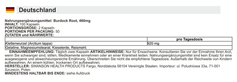 [Australia] - Swanson - Full Spectrum Burdock Root 460 mg | Skin and Liver Support - 100 Capsules 