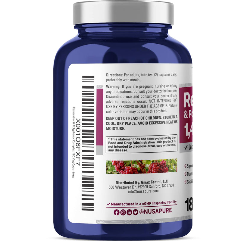 [Australia] - NusaPure Resveratrol & Polyphenol Complex 1450mg 180 Vegetarian Caps (Non-GMO, Vegan) Vitamin C 