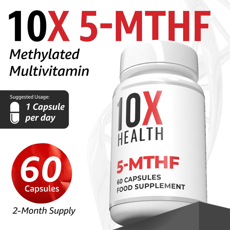 10X Health 5-MTHF - 60 Capsules Methylated Folic Acid with Magnesium - Bioactive Vitamin B9 for Brain, Heart & Neurotransmitter Synthesis - Bioavailable Methyl Folate Supplements