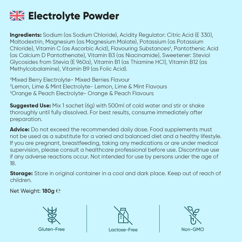 Electrolytes Sachets 1280mg - Pack of 30 - Sugar-Free - 1000mg Sodium, 200mg Potassium & 80mg Magnesium - 6 Vitamins (C, B1, B3, B5, B9 & B12) - 3 Delicious Flavours - Vegan Electrolyte Powder Sachets