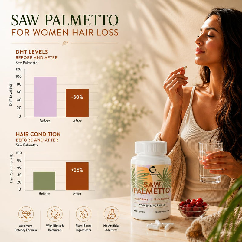Saw Palmetto for Women Hair Loss - DHT Blocker with 5-in-1 Blend for Hair Growth, Skin & Nails, Urinary Wellness - Extra Strength Saw Palmetto Supplement - 90 Capsules | for Hair Growth, Skin & Nails, Urinary Wellness - Extra Strength Saw Palmetto Supp...