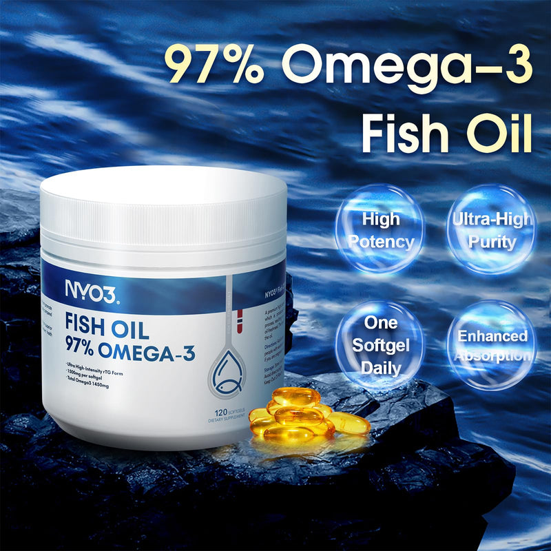 NYO3 Omega 3 Fish Oil 1500mg with DHA & EPA Fatty Acids, 97% High-Potency Omega 3,Support Heart, Brain & Joint Health,No Fishy Aftertaste,Non-GMO,120 Softgel