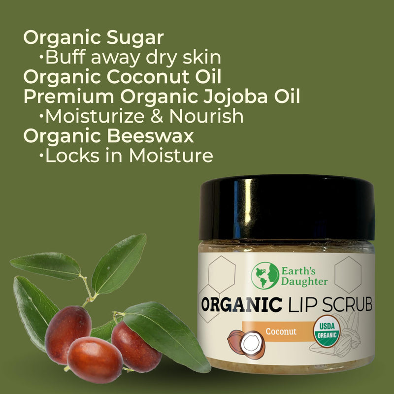 [Australia] - Earth's Daughter Organic Coconut Lip Scrub 0.7 oz - USDA Organic, Fair Trade, Sugar, Jojoba Oil, Beeswax, Coconut Oil, Calendula Extract Lip Scrub Coconut 