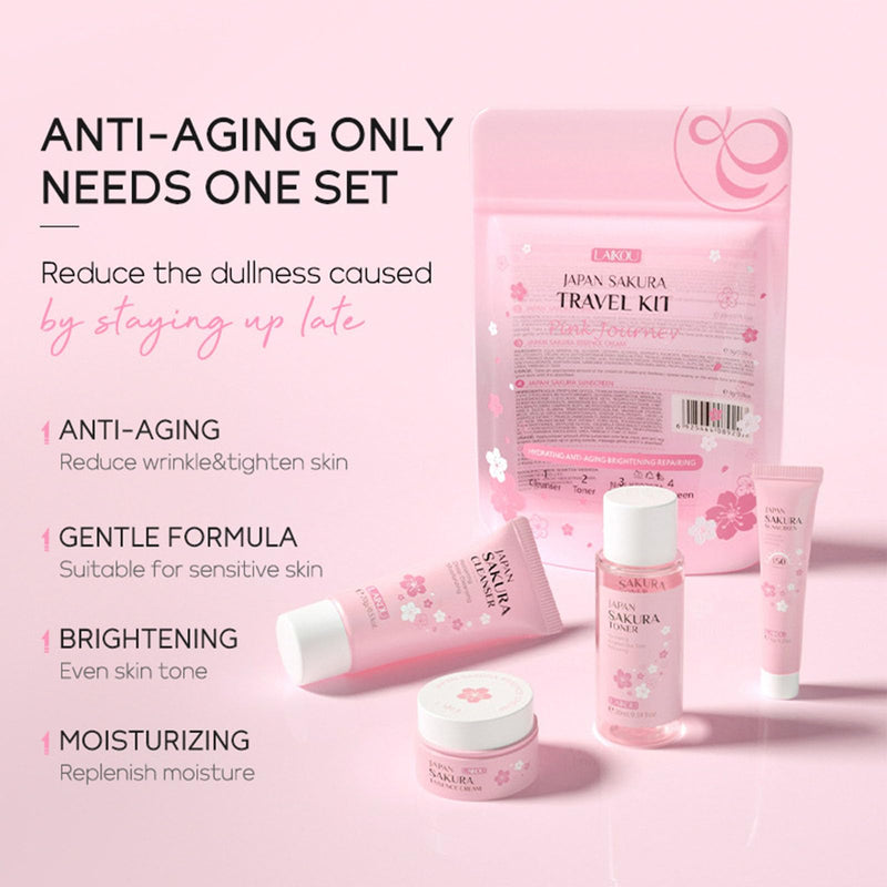 [Australia] - Sakura Travel Skincare Set for Teenage Girls - Face Routine Set for Women,4 Piece Gentle Skin Cleaning & Care Travel Size Kit With Cleanser, Toner, sunscreen and Face Cream 