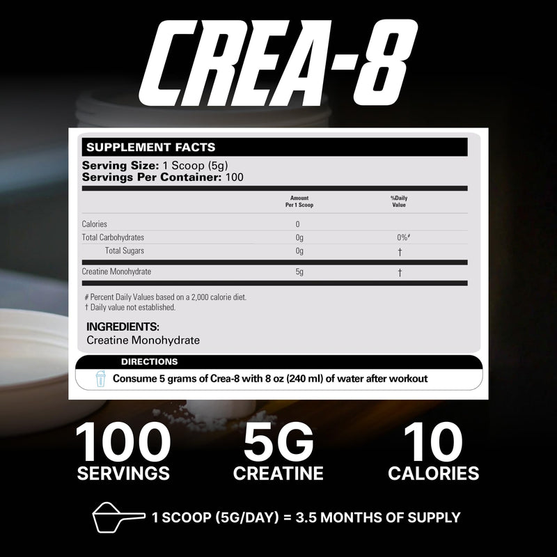[Australia] - EHP Labs CREA-8 Micronized Creatine Monohydrate Powder - Unflavored Creatine Powder for Muscle Growth, Increased Strength, Enhanced Energy Output and Improved Performance - 100 Servings (500g) 