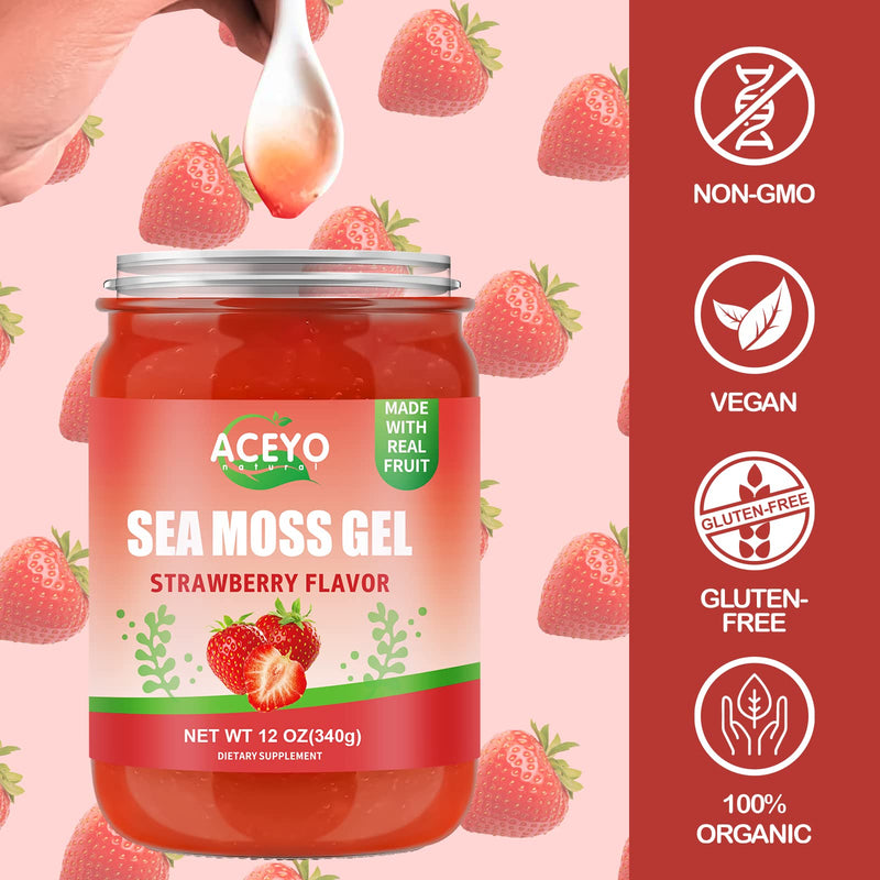 (12 OZ) Sea Moss Gel Irish,Raw Seamoss 102 Vitamins Strawberry Flavor | Wild Harvested,Support Immune,Non-GMO,Gluten-Free,Vegan 12 Ounce (Pack of 1)