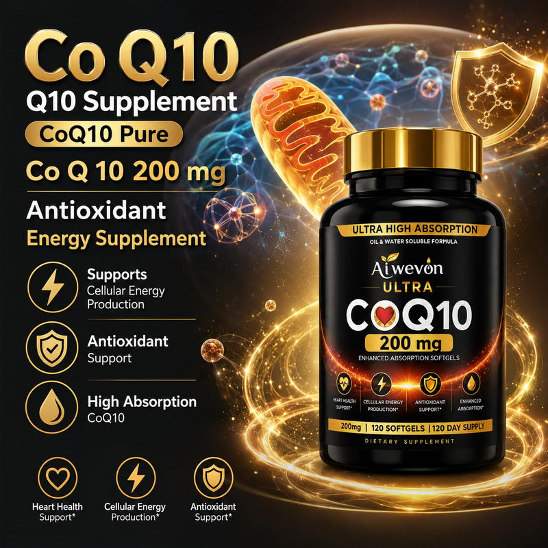 CoQ10 200mg Softgels, Coenzyme Q10 (Ubiquinone) Supplement, High Absorption Formula with Vitamin E, Antioxidant Support, Cellular Energy Support, Heart Wellness Supplement, 120 Softgels