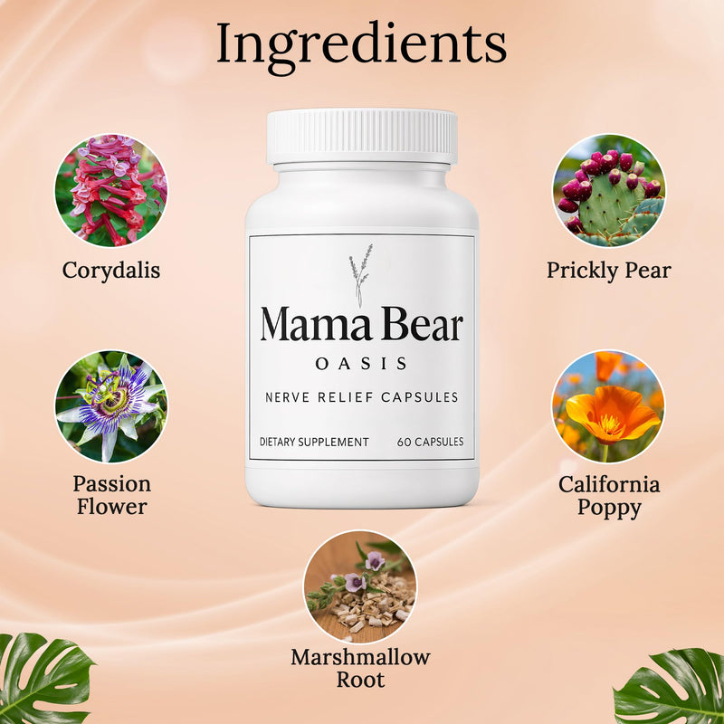 Mama Bear Oasis Nerve Support Capsules with Vitamins, 60 Count | Daily supplement with vitamins to support normal nerve function, mobility, calm, and overall wellness