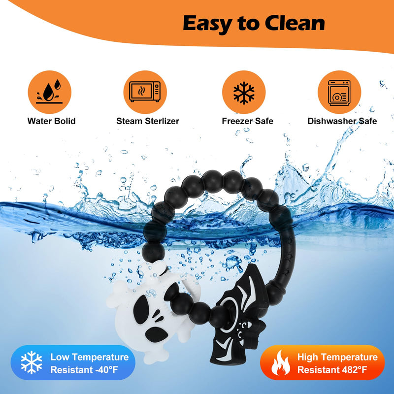 [Australia] - Halloween Baby Teething Ring Toys ‚Äì Skull & Bat Silicone Teethers for Newborns, Infants & Toddlers ‚Äì Sensory Chew Bracelet for Teething Relief ‚Äì Perfect Baby‚Äôs First Halloween Basket Stuffers 