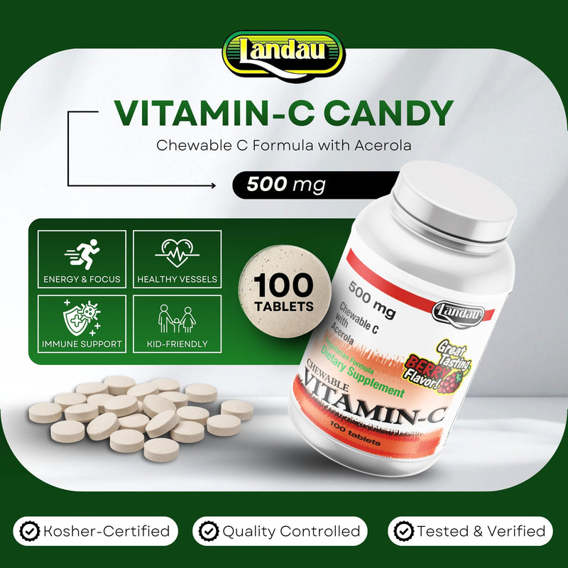 Landau 500mg Chewable Vitamin C Candy for Kids & Adults – Easy-to-Take Vitamin C Supplement with Acerola – Kosher & Made in The USA – Great Tasting Berry Flavor, 100 Tablets