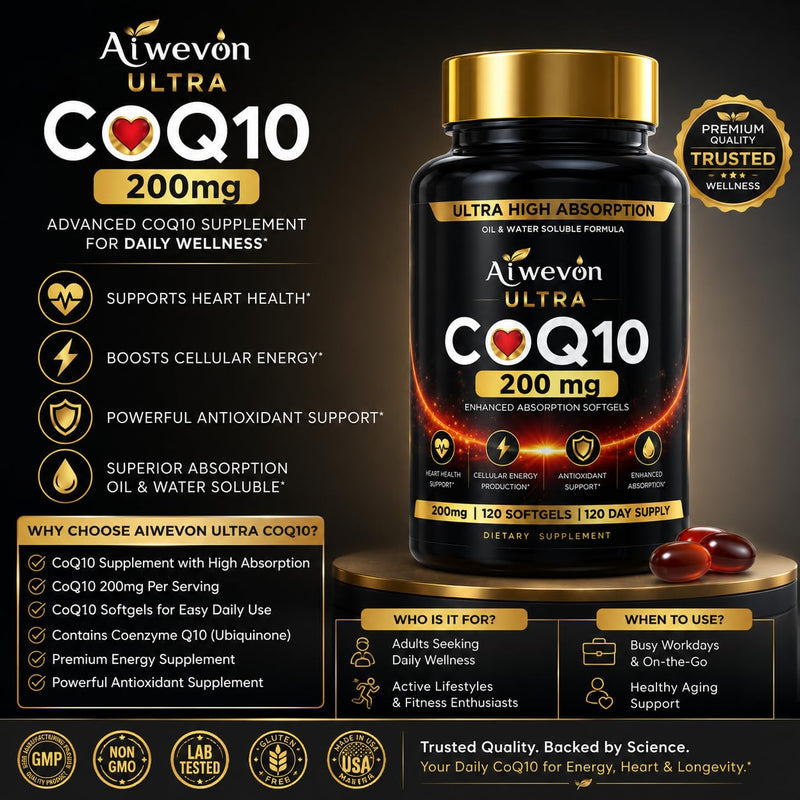 CoQ10 200mg Softgels, Coenzyme Q10 (Ubiquinone) Supplement, High Absorption Formula with Vitamin E, Antioxidant Support, Cellular Energy Support, Heart Wellness Supplement, 120 Softgels