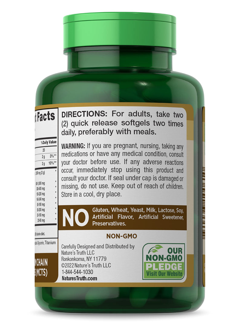 [Australia] - Nature's Truth Coconut Oil Capsules | 100 Softgels | Naturally Occuring MCTs | Non-GMO & Gluten Free 