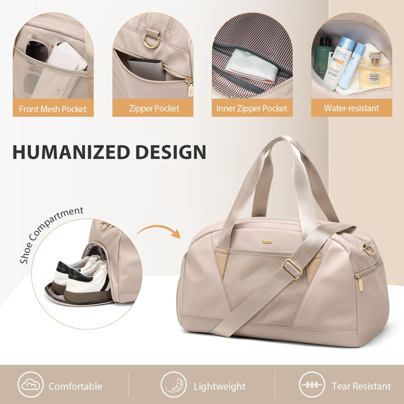 VNINE Duffle Bag for Women Men Travel Bags with Shoes Compartment Carry On Weekender Bag Airlines Approved Duffel Bag with Wet Pocket Water Resistant Overnight Sports Workout Dance Bags Beige