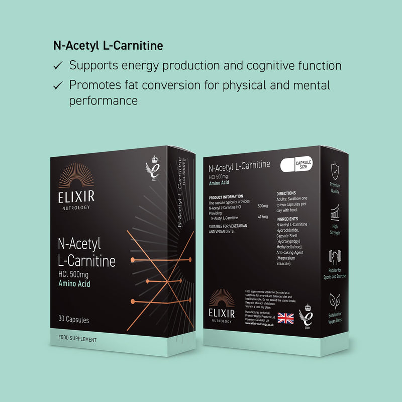 N-Acetyl L-Carnitine HCl 500mg Capsules | Supports Energy Production & Active Lifestyles | Ideal for Training & Exercise Routines | High Strength Amino Acid Derivative | 30 Vegan Capsules | UK Made