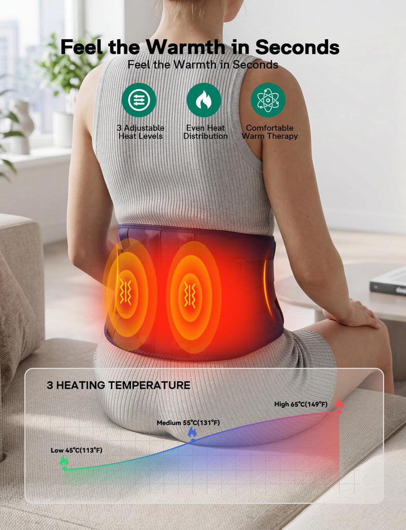Cordless Heating Pad for Back with Massager, Wearable Portable Lower Back | 3-Way Power, 3 Heat, 5 Vibration, 3 Timers, Extension Strap and Back Brace; for Home, Office or Travel; Gifts for Women & Men