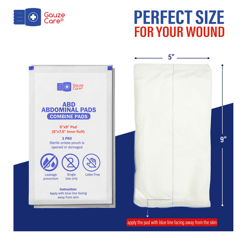 [Australia] - GauzeCare Sterile Abdominal- ABD Combine Pads| 50-Pack, 5 x 9 Inches| Extra Absorbent & Thick, Individually Wrapped Wound Dressing, First Aid Pads| Surgical-Grade, Nonstick- for Heavy Leakage, Post Op 5"x9" (50 Pads) 
