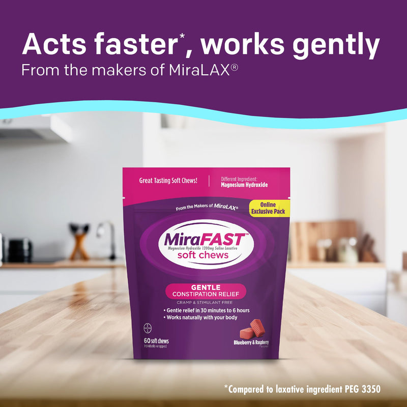 [Australia] - MiraFAST Soft Chews, from The Makers of MiraLAX, Gentle Constipation Relief, Fast Acting Laxative, Stimulant Free Saline Laxative, Magnesium Hydroxide, Blueberry & Raspberry Flavor, 60ct 