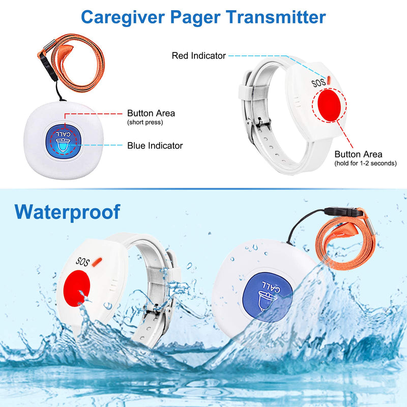 [Australia] - CallToU Wireless Caregiver Pager Call Button Medical Nurse Alert System Alarm and Panic Button at Home/Patients/Disabled,2 Emergency Buttons(1 SOS Watches+1 Button) + 2 Receivers CC05-06 2-2 