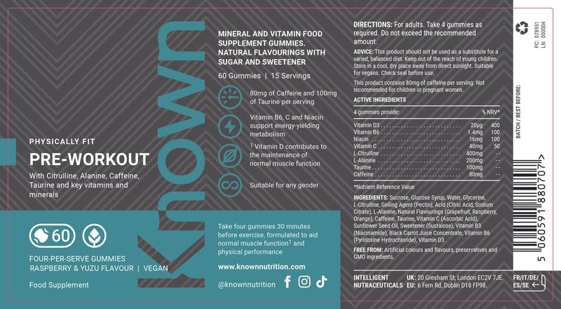 [Australia] - Known Delicious Pre-Workout Gummies – 80mg Caffeine, B Vitamins – Natural Raspberry & Yuzu Flavor – 60 Vegan Gummies, 15 Servings 