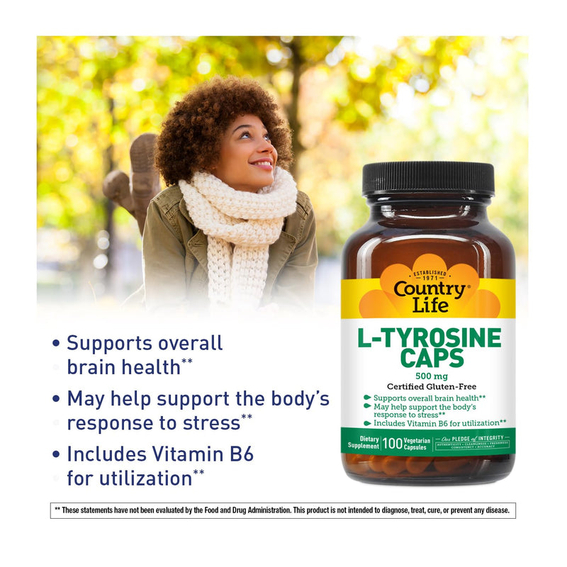 Country Life L-Tyrosine 500mg with Vitamin B6 Supplement - Certified Gluten-Free, Vegetarian, Kosher, Boosts Focus & Energy, Supports Brain Health, Enhances Mental Clarity, Non-GMO - 100 Capsules